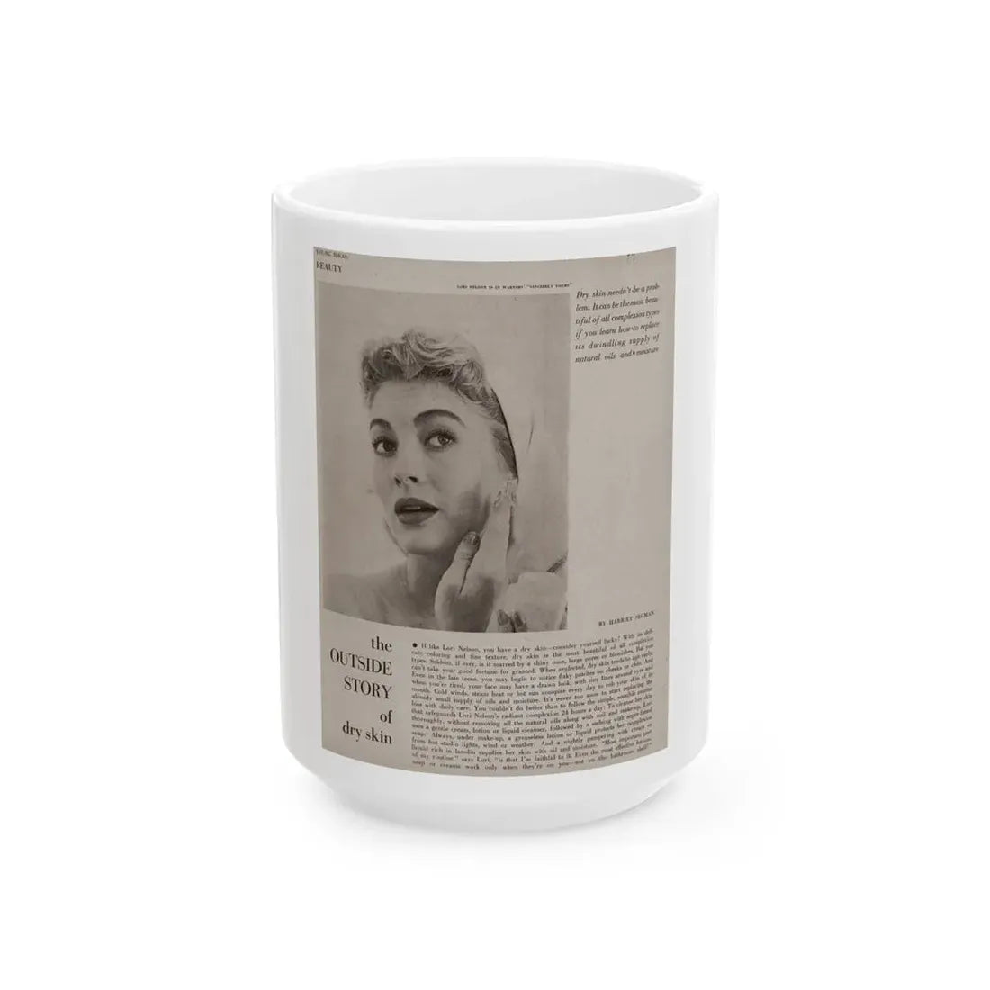 Lori Nelson #219 - Vintage B&W 8x10.5 Photo Glamour Head & Shoulder Shot putting on skin cream an add 1 (Vintage Female Icon) White Coffee Mug 15oz - Go Mug Yourself