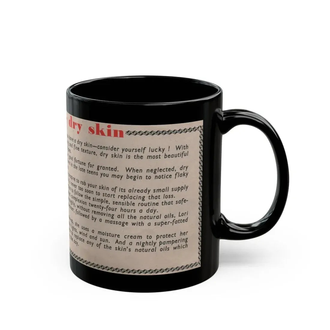 Lori Nelson #228 - Vintage B&W 3x7.25 50's Era Magazine Dry Skin Advertisement featuring, Lori B&W Glamour Photo (Vintage Female Icon) Black Coffee Mug - Go Mug Yourself
