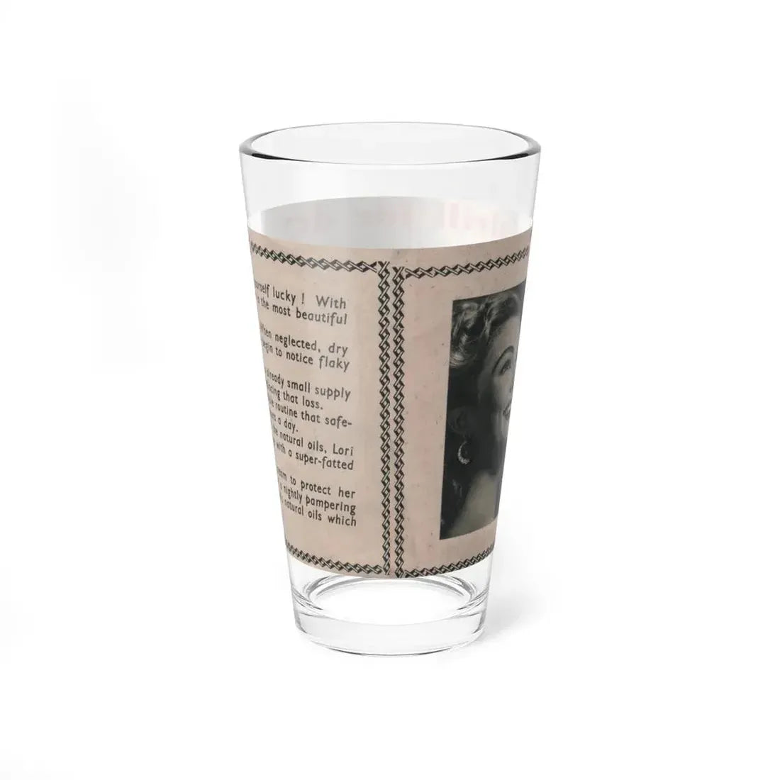 Lori Nelson #228 - Vintage B&W 3x7.25 50's Era Magazine Dry Skin Advertisement featuring, Lori B&W Glamour Photo (Vintage Female Icon) Pint Glass 16oz - Go Mug Yourself