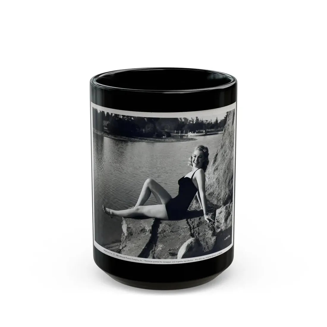 Lori Nelson #236 - 8x10 1-Piece Swimsuit B&W Cheesecake Vintage Pin-Up Photo from 7-11-1952 1 (Vintage Female Icon) Black Coffee Mug 15oz - Go Mug Yourself