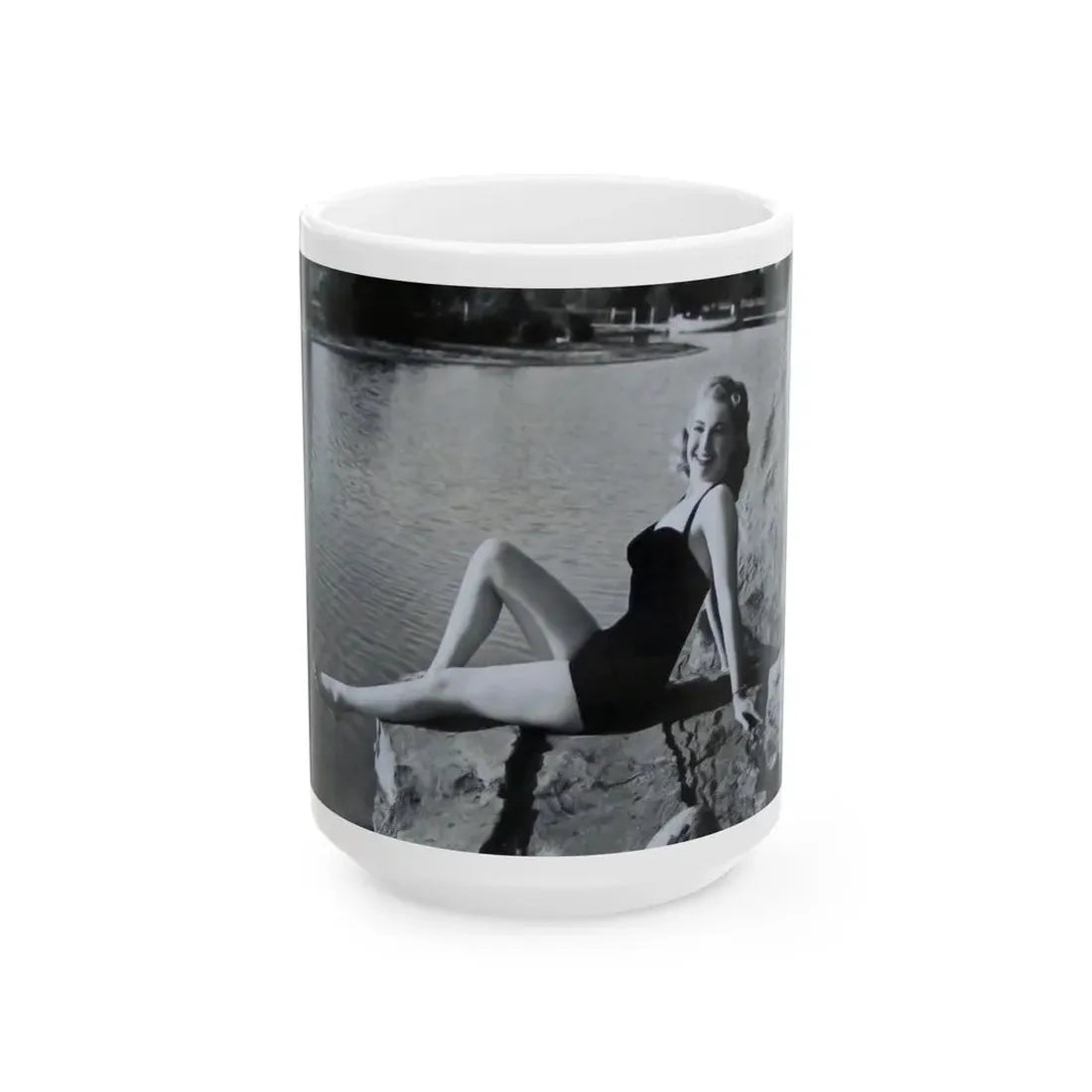 Lori Nelson #236 - 8x10 1-Piece Swimsuit B&W Cheesecake Vintage Pin-Up Photo from 7-11-1952 2 (Vintage Female Icon) White Coffee Mug 15oz - Go Mug Yourself