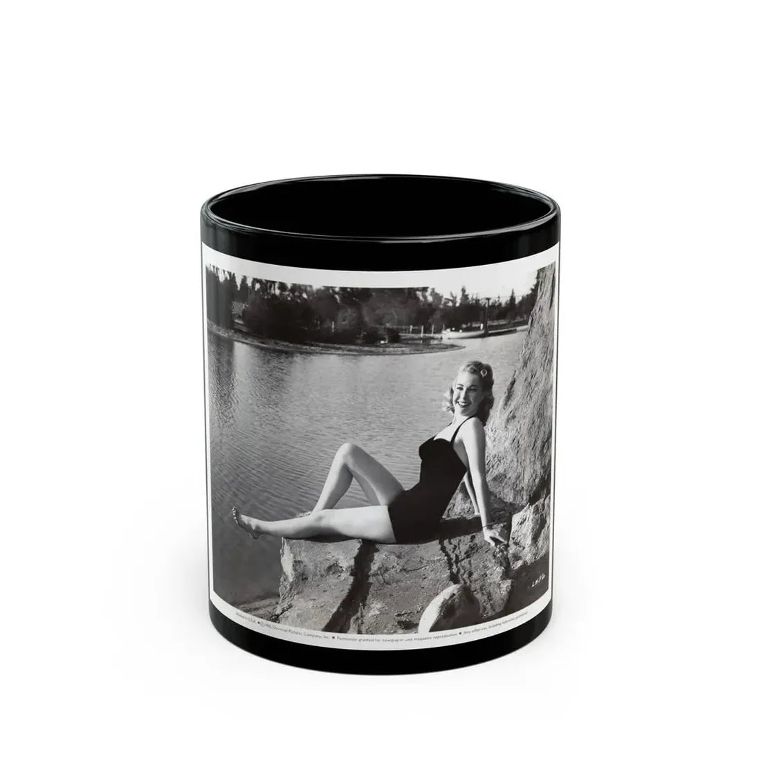 Lori Nelson #236 - 8x10 1-Piece Swimsuit B&W Cheesecake Vintage Pin-Up Photo from 7-11-1952 3 (Vintage Female Icon) Black Coffee Mug 11oz - Go Mug Yourself