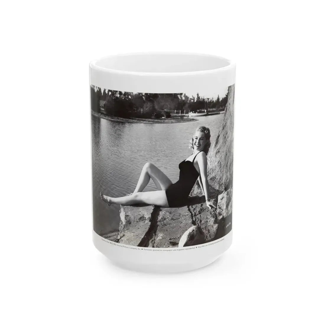 Lori Nelson #236 - 8x10 1-Piece Swimsuit B&W Cheesecake Vintage Pin-Up Photo from 7-11-1952 3 (Vintage Female Icon) White Coffee Mug 15oz - Go Mug Yourself