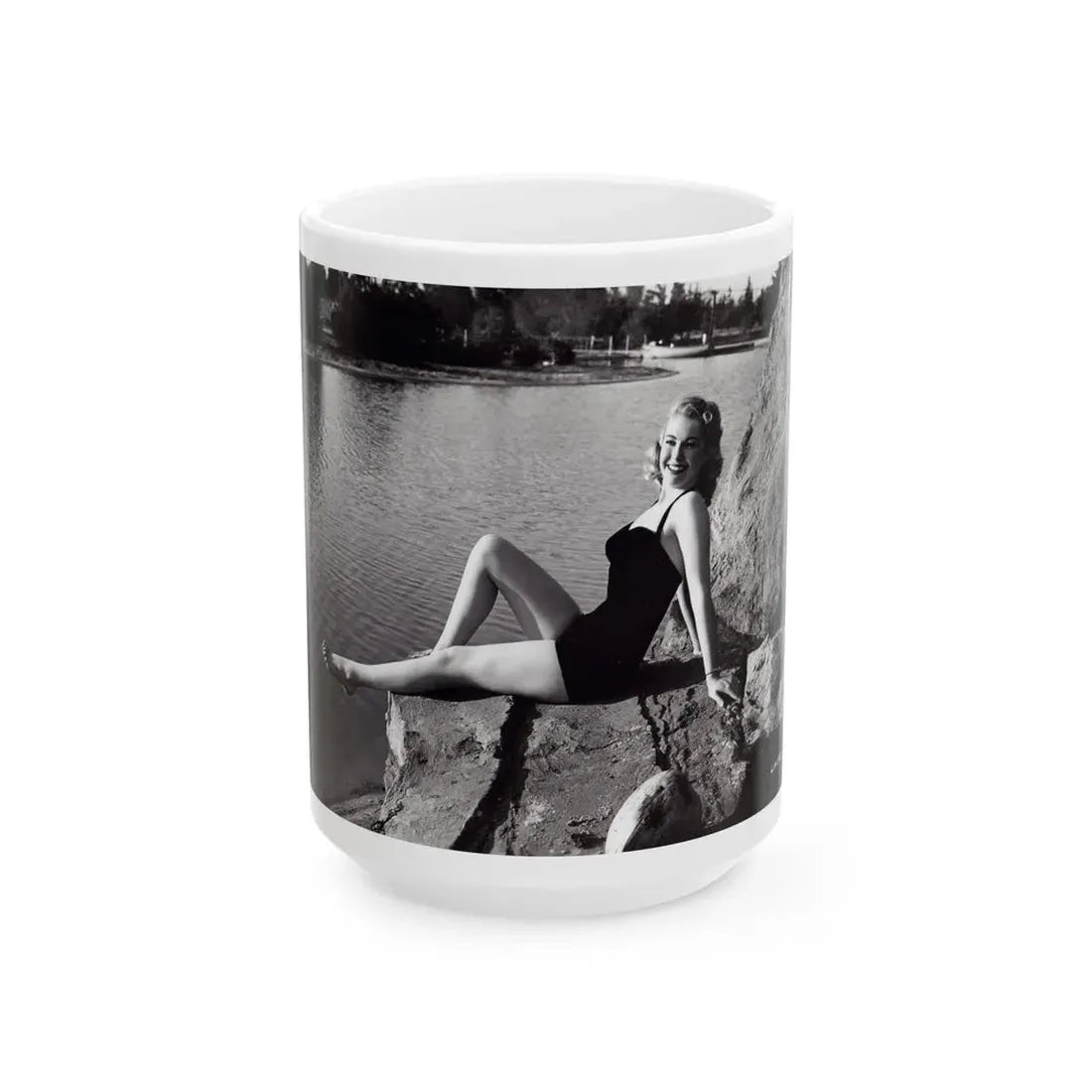 Lori Nelson #236 - 8x10 1-Piece Swimsuit B&W Cheesecake Vintage Pin-Up Photo from 7-11-1952 (Vintage Female Icon) White Coffee Mug 15oz - Go Mug Yourself