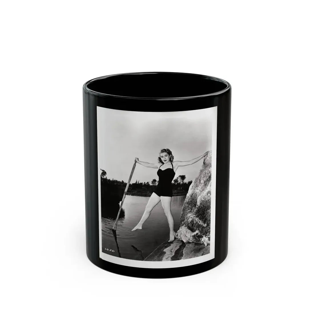 Lori Nelson #237 - 8x10 1-Piece Swimsuit B&W Cheesecake Vintage Pin-Up Photo with Paddle from 1952 (Vintage Female Icon) Black Coffee Mug 11oz - Go Mug Yourself