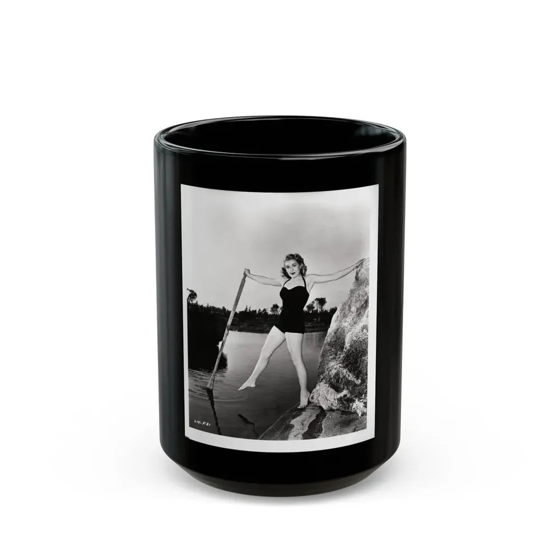 Lori Nelson #237 - 8x10 1-Piece Swimsuit B&W Cheesecake Vintage Pin-Up Photo with Paddle from 1952 (Vintage Female Icon) Black Coffee Mug 15oz - Go Mug Yourself