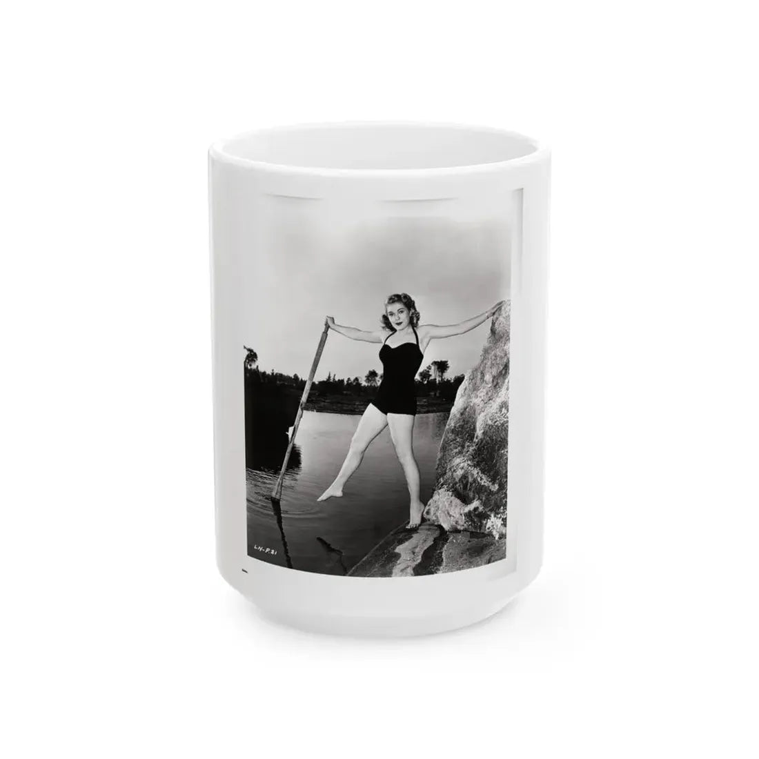 Lori Nelson #237 - 8x10 1-Piece Swimsuit B&W Cheesecake Vintage Pin-Up Photo with Paddle from 1952 (Vintage Female Icon) White Coffee Mug 15oz - Go Mug Yourself