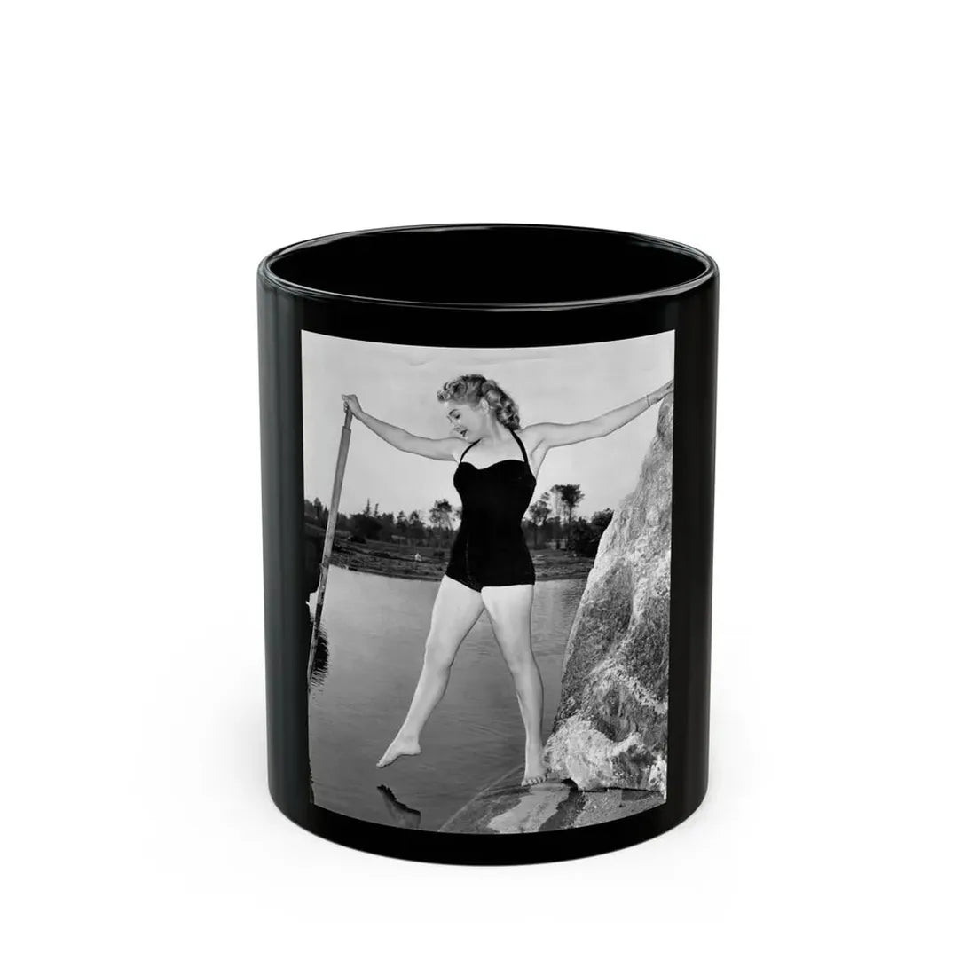 Lori Nelson #238 - 8x10 1-Piece Swimsuit B&W Cheesecake Vintage Pin-Up Photo with Paddle from 1952 (Vintage Female Icon) Black Coffee Mug 11oz - Go Mug Yourself