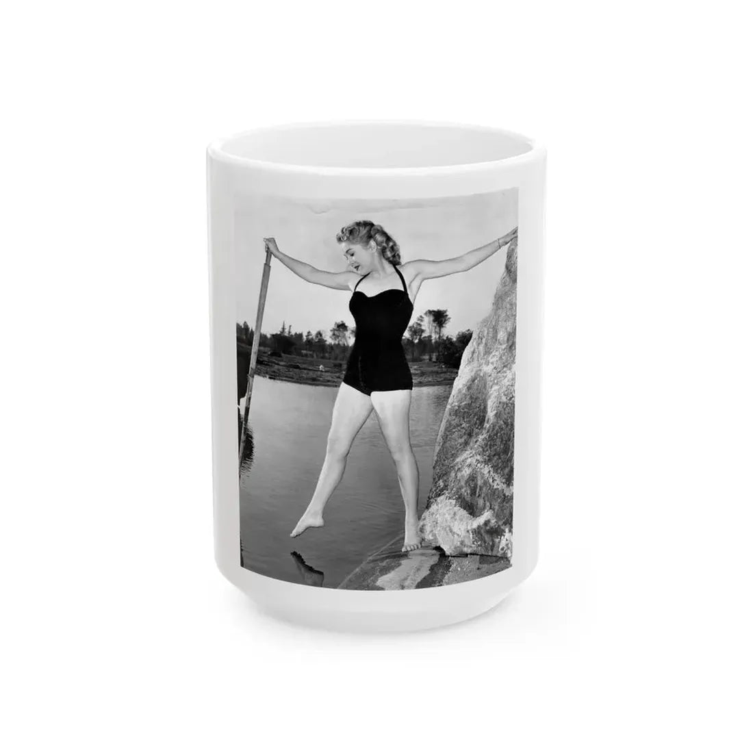 Lori Nelson #238 - 8x10 1-Piece Swimsuit B&W Cheesecake Vintage Pin-Up Photo with Paddle from 1952 (Vintage Female Icon) White Coffee Mug 15oz - Go Mug Yourself