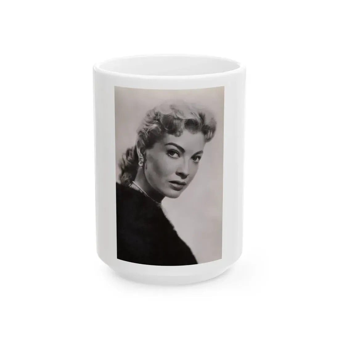 Lori Nelson #239 - 3.5x5.5 Upper Body B&W Glamour Headshot Photo on Postcard from 1956 (Vintage Female Icon) White Coffee Mug 15oz - Go Mug Yourself