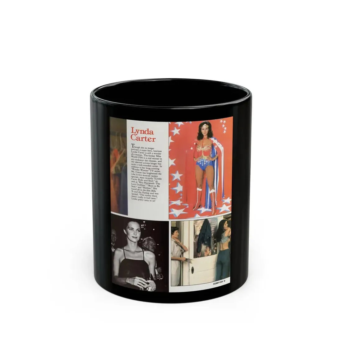 Lynda Carter #190 - Mag. Spread (Vintage Female Icon) Black Coffee Mug 11oz - Go Mug Yourself