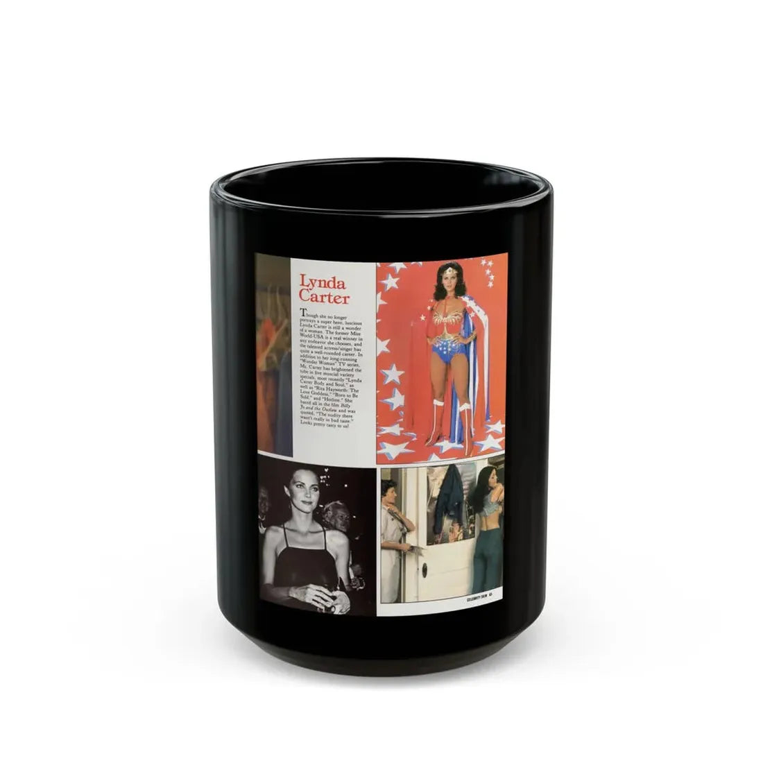 Lynda Carter #190 - Mag. Spread (Vintage Female Icon) Black Coffee Mug 15oz - Go Mug Yourself