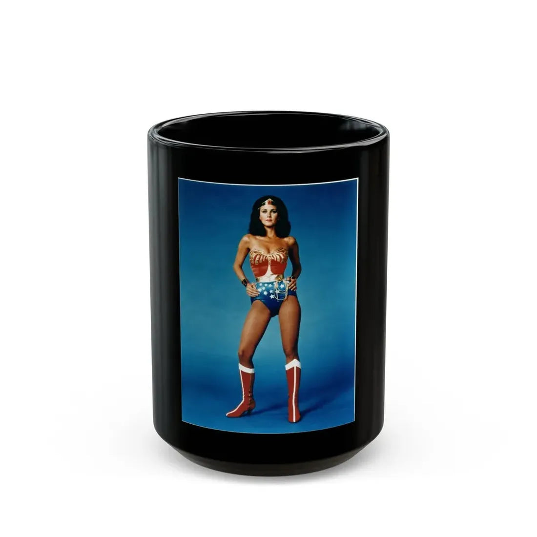 Lynda Carter #215 - Wonder Woman Photo (Vintage Female Icon) Black Coffee Mug 15oz - Go Mug Yourself