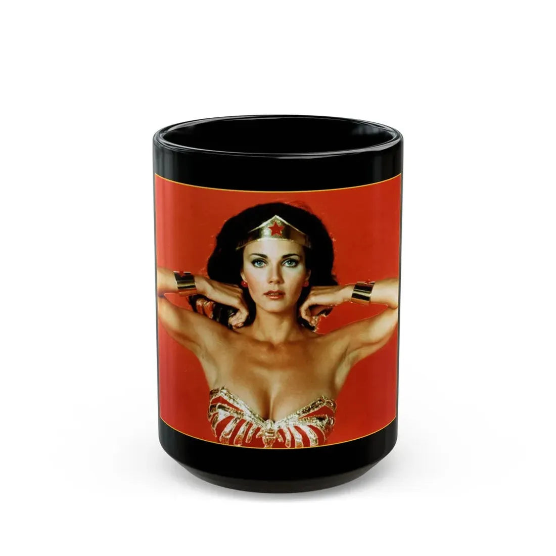 Lynda Carter #86 - Wonder Woman Photo (Vintage Female Icon) Black Coffee Mug 15oz - Go Mug Yourself