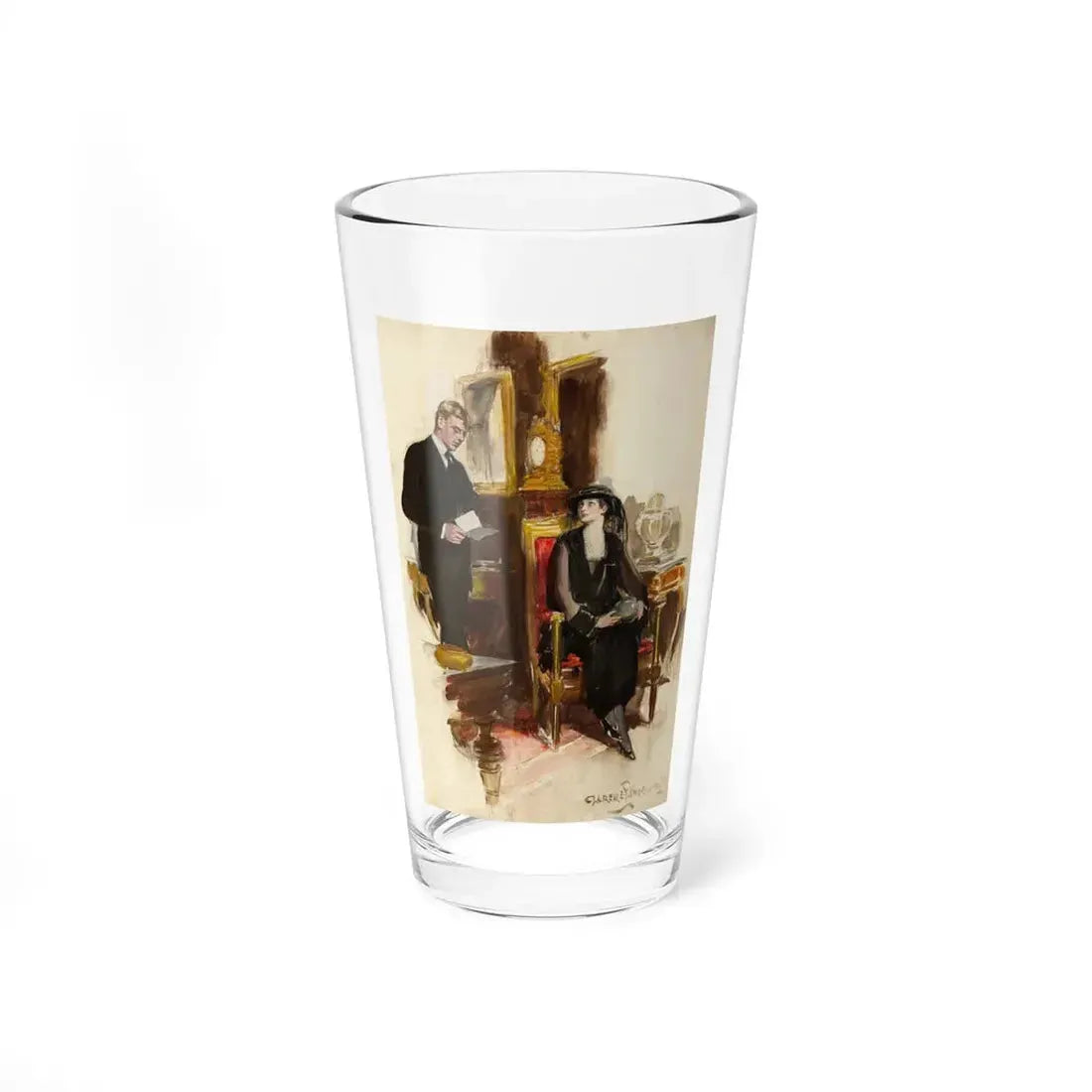 Man Reading Letter to a Seated Mourning Woman, Saturday Evening Post illustration - Pint Glass 16oz 16oz - Go Mug Yourself
