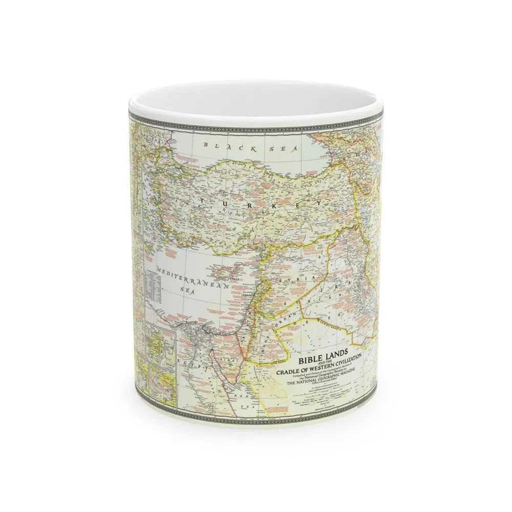Middle East - Bible Lands and the Cradle of Western Civilization (1946) (Map) White Coffee Mug-11oz-Go Mug Yourself