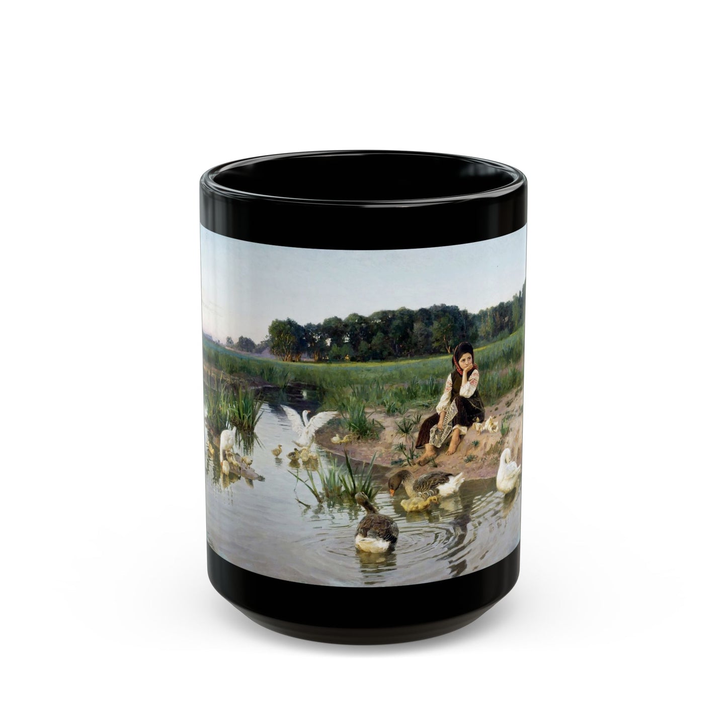 Nikolai Kornilievich Bodarevsky - Ukrainian Girl Tending Geese - Black Coffee Mug-15oz-Go Mug Yourself