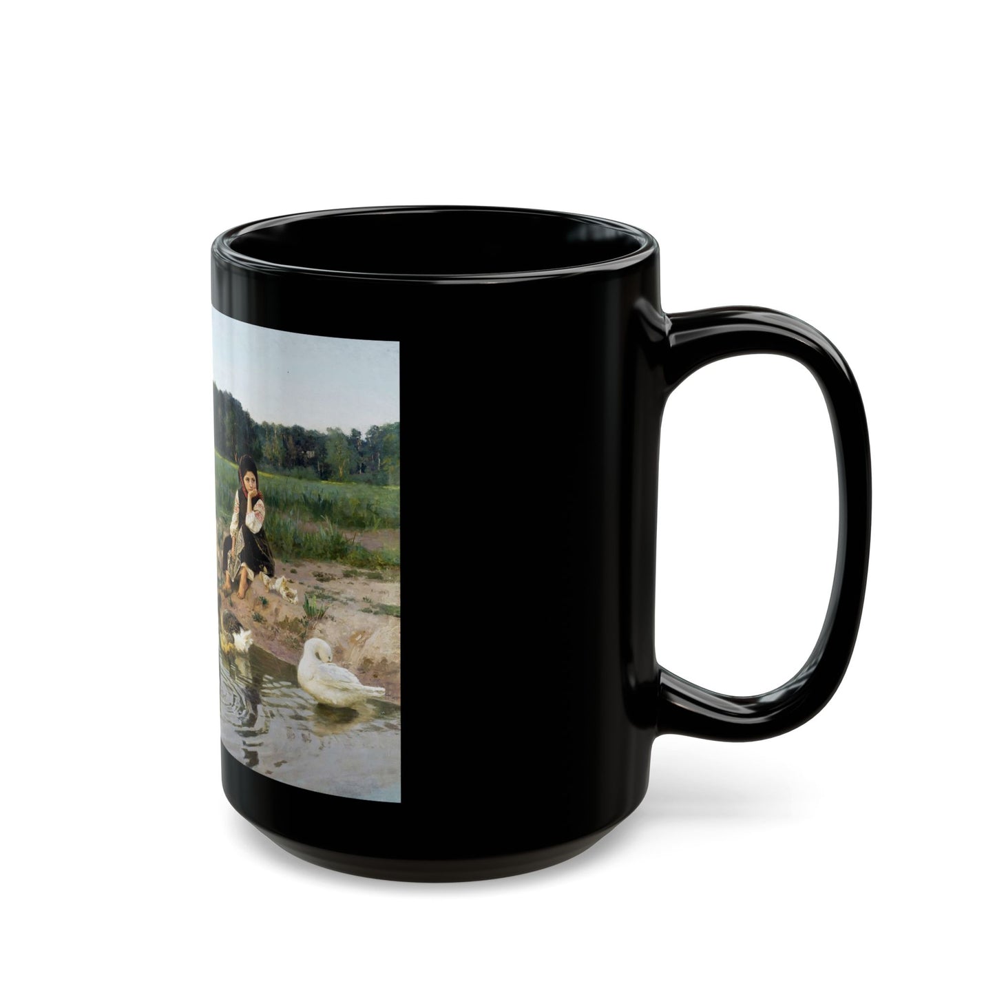 Nikolai Kornilievich Bodarevsky - Ukrainian Girl Tending Geese - Black Coffee Mug-Go Mug Yourself