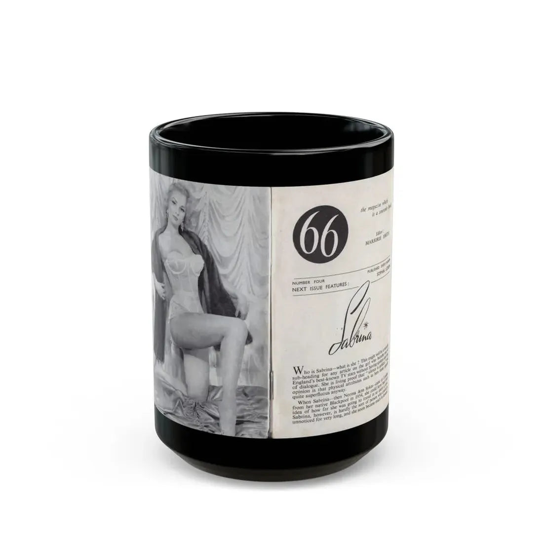 Norma Sykes #136 - 66 PHOTOGRAPHS OF Sabrina U.K. Pocket Mag. Front Cover Pages 2 & 3 (Vintage Female Icon) Black Coffee Mug 15oz - Go Mug Yourself