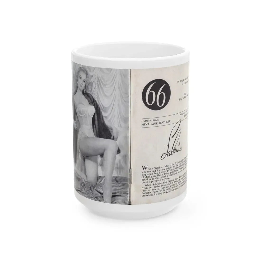 Norma Sykes #136 - 66 PHOTOGRAPHS OF Sabrina U.K. Pocket Mag. Front Cover Pages 2 & 3 (Vintage Female Icon) White Coffee Mug 15oz - Go Mug Yourself