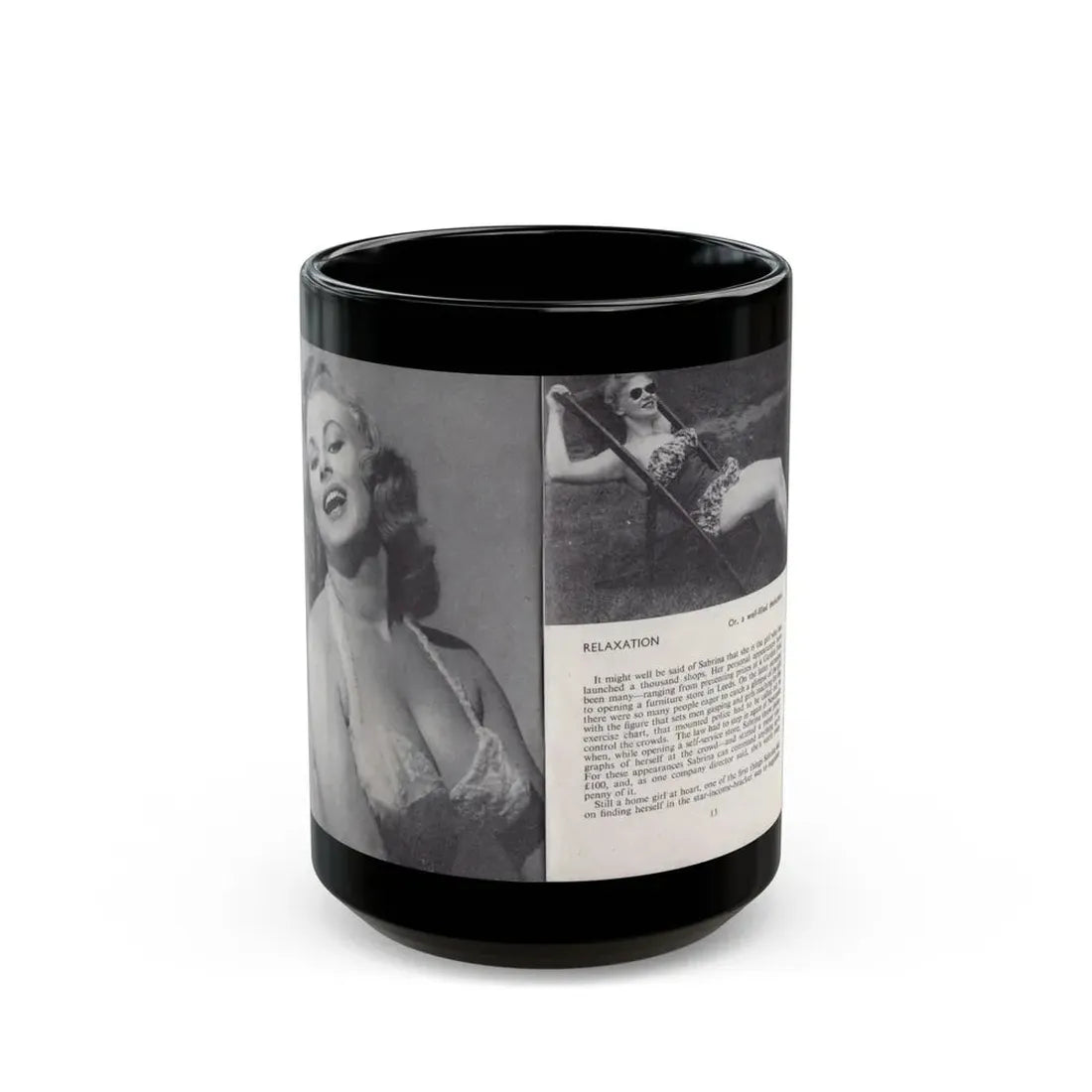 Norma Sykes #141 - 66 PHOTOGRAPHS OF Sabrina U.K. Pocket Mag. Pages 12 & 13 (Vintage Female Icon) Black Coffee Mug 15oz - Go Mug Yourself