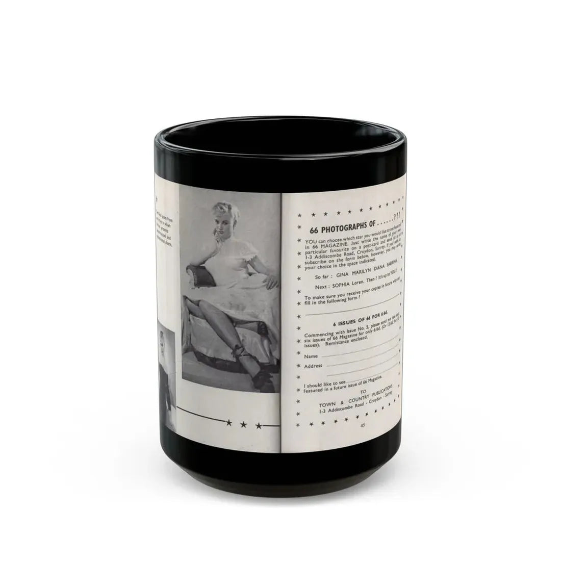 Norma Sykes #157 - 66 PHOTOGRAPHS OF Sabrina U.K. Pocket Mag. Pages 44 & 45 (Vintage Female Icon) Black Coffee Mug 15oz - Go Mug Yourself