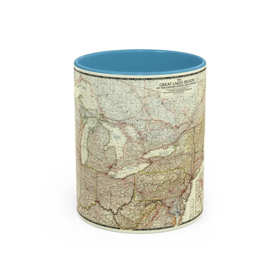 North America - The Great Lakes Region (1953) (Map) Accent Coffee Mug 11oz Light Blue - Go Mug Yourself