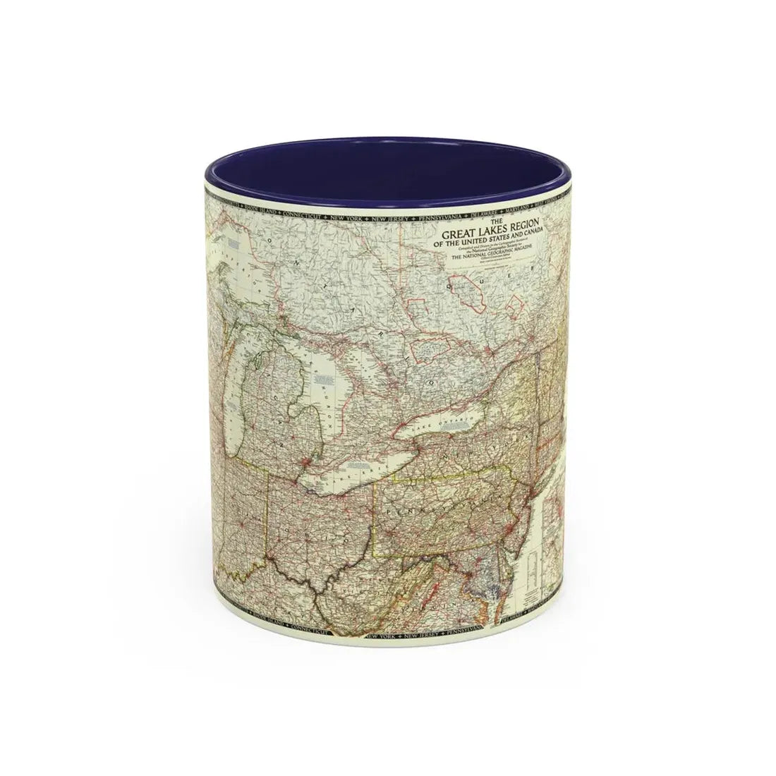 North America - The Great Lakes Region (1953) (Map) Accent Coffee Mug 11oz Navy - Go Mug Yourself