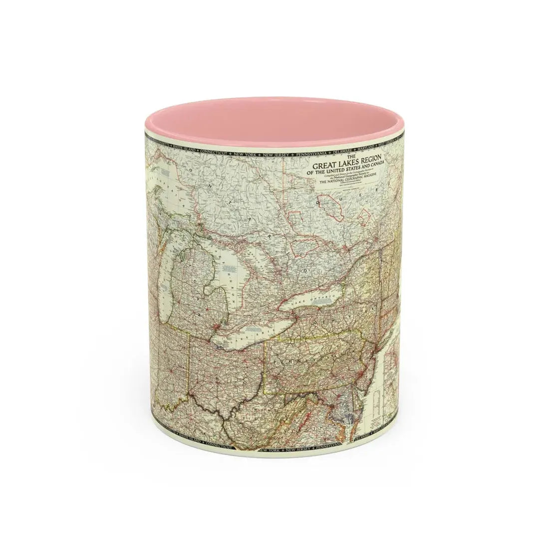 North America - The Great Lakes Region (1953) (Map) Accent Coffee Mug 11oz Pink - Go Mug Yourself