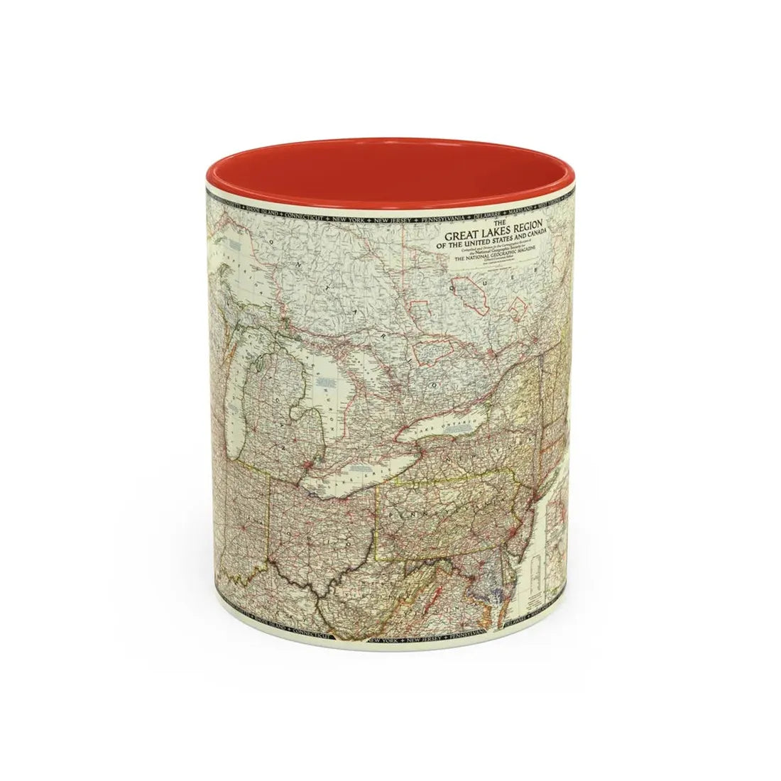 North America - The Great Lakes Region (1953) (Map) Accent Coffee Mug 11oz Red - Go Mug Yourself