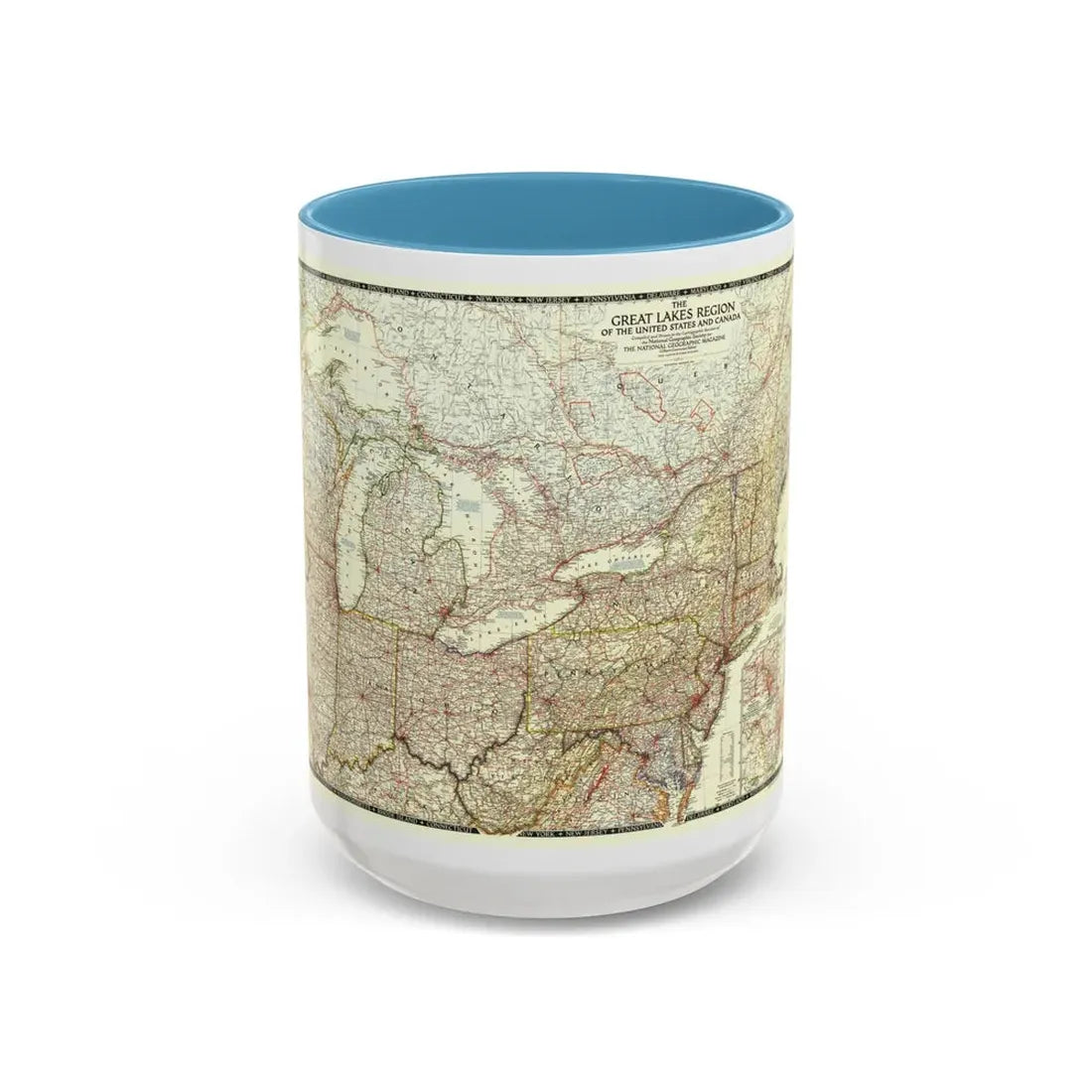 North America - The Great Lakes Region (1953) (Map) Accent Coffee Mug 15oz Light Blue - Go Mug Yourself