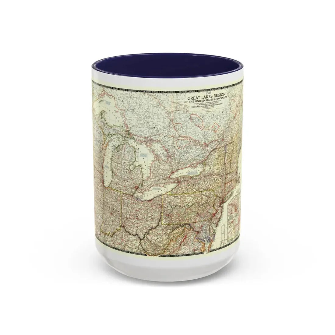North America - The Great Lakes Region (1953) (Map) Accent Coffee Mug 15oz Navy - Go Mug Yourself