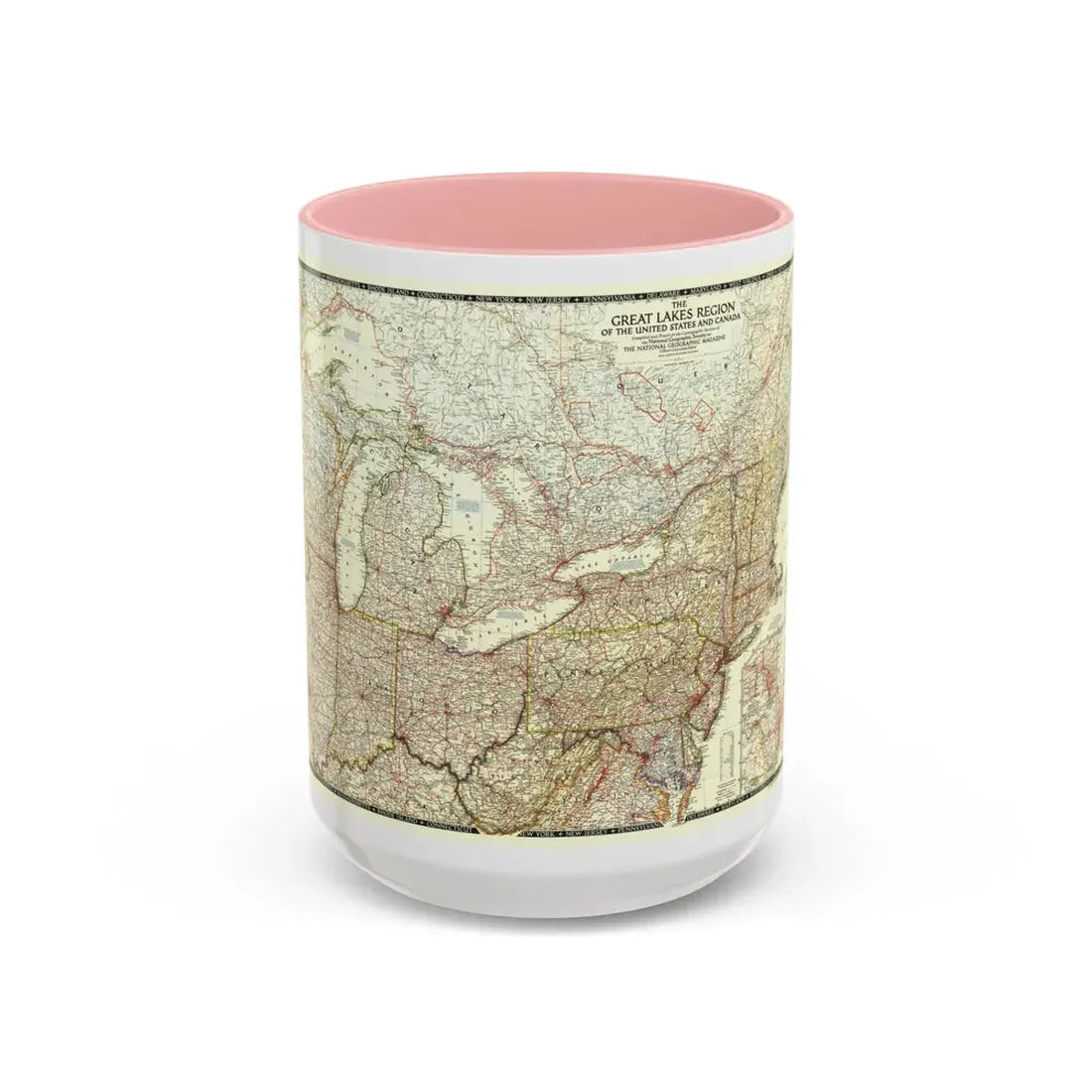 North America - The Great Lakes Region (1953) (Map) Accent Coffee Mug 15oz Pink - Go Mug Yourself
