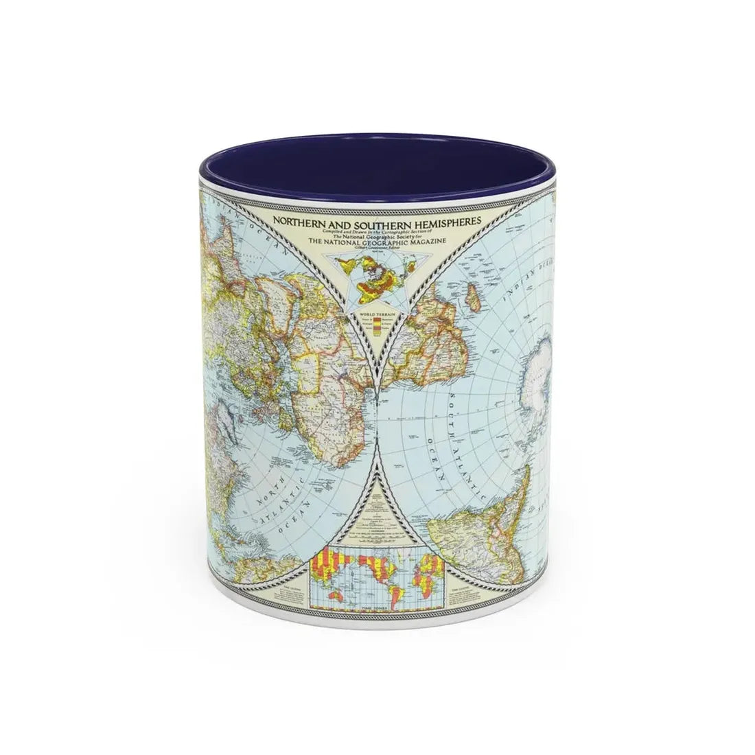 Northern and Southern Hemispheres (1943) (Map) Accent Coffee Mug 11oz Navy - Go Mug Yourself