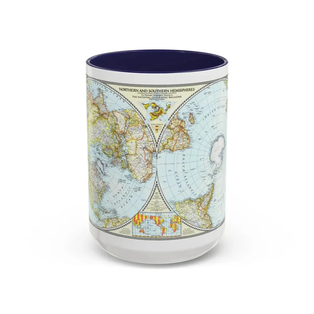 Northern and Southern Hemispheres (1943) (Map) Accent Coffee Mug 15oz Navy - Go Mug Yourself