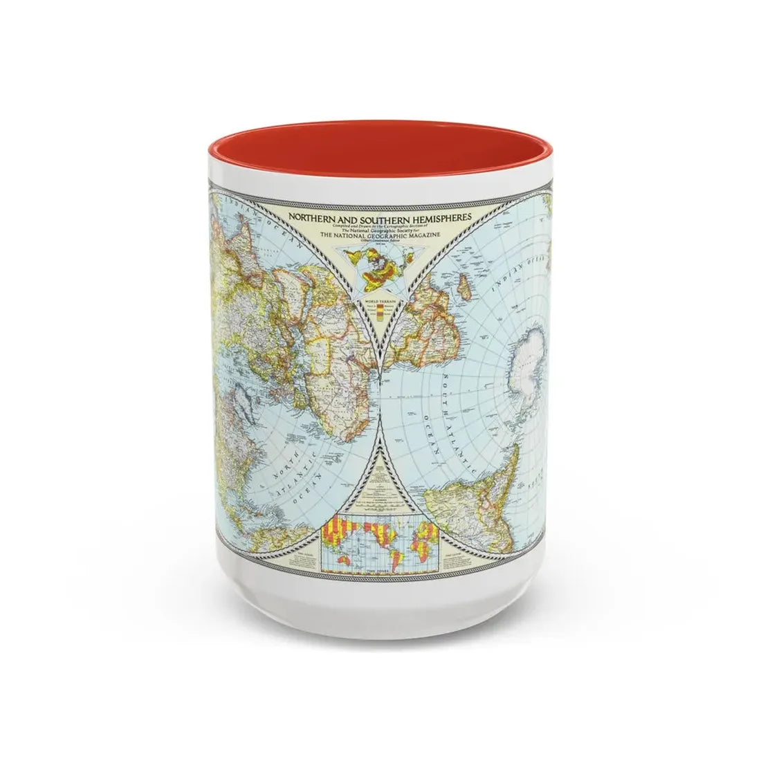 Northern and Southern Hemispheres (1943) (Map) Accent Coffee Mug 15oz Red - Go Mug Yourself