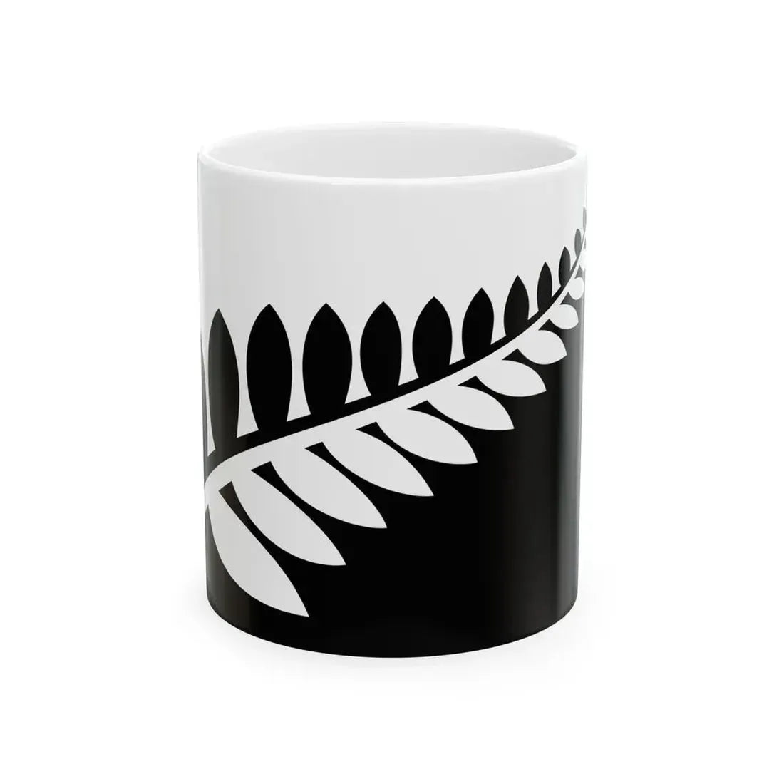 NZ flag design Silver Fern Black White by Alofi Kanter (New Zealand) White Coffee Mug 11oz - Go Mug Yourself