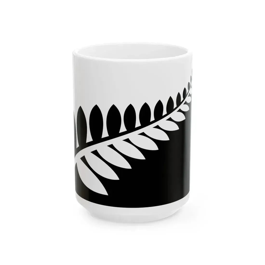 NZ flag design Silver Fern Black White by Alofi Kanter (New Zealand) White Coffee Mug 15oz - Go Mug Yourself