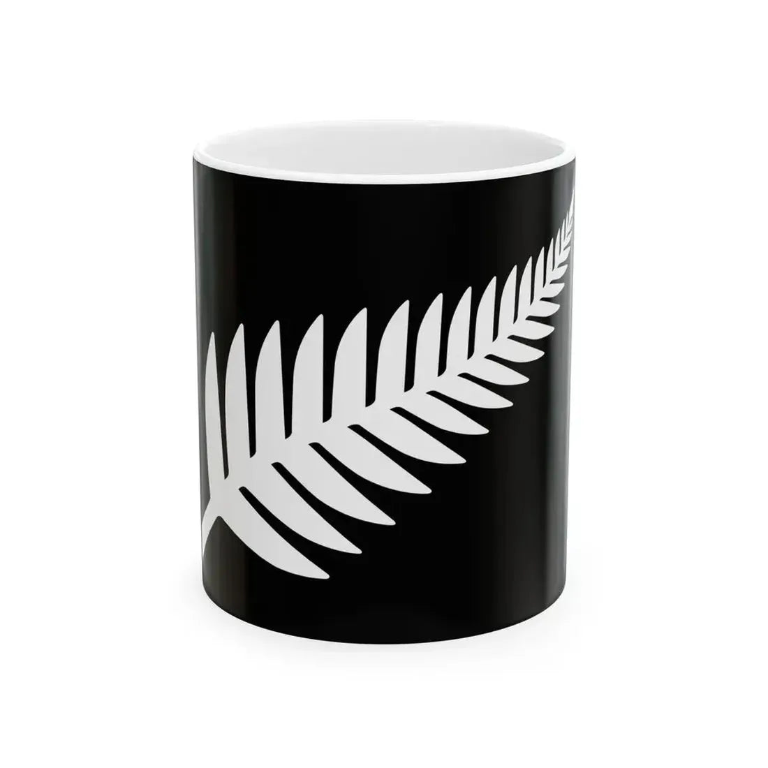 NZ flag design Silver Fern Black White by Kyle Lockwood (New Zealand) White Coffee Mug 11oz - Go Mug Yourself