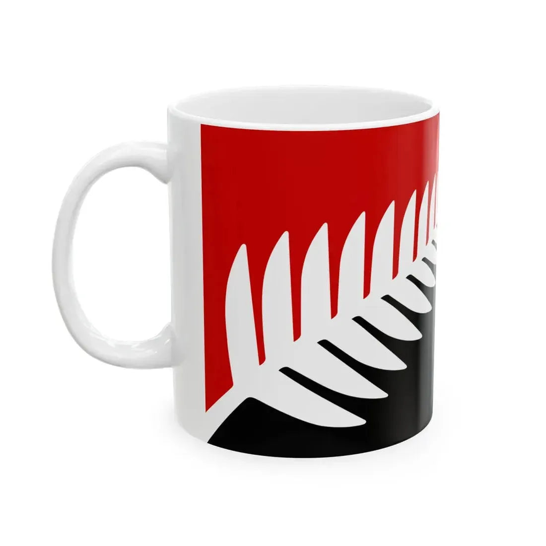 NZ flag design Silver Fern Black White Red by Kyle Lockwood (New Zealand) White Coffee Mug - Go Mug Yourself