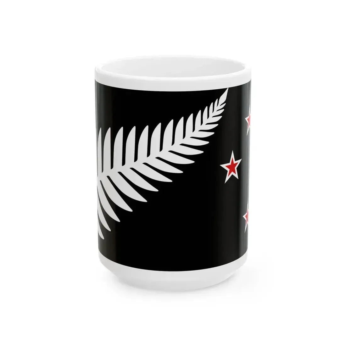 NZ flag design Silver Fern Black with Red Stars by Kyle Lockwood (New Zealand) White Coffee Mug 15oz - Go Mug Yourself