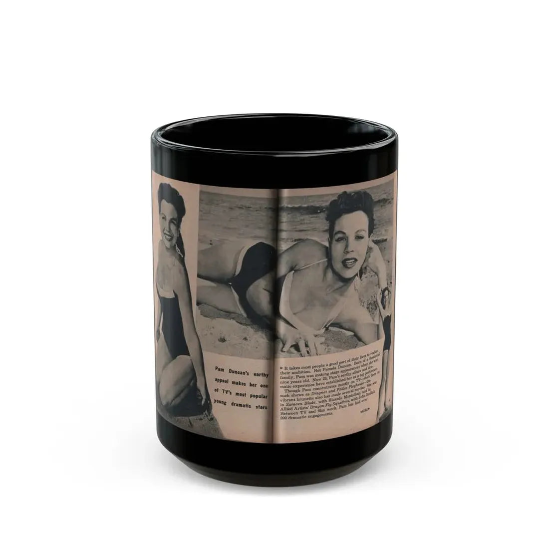 Pamela Duncan #25 - PHOTO Digest Mag. March '55 - 3 B&W Photos & Article (Vintage Female Icon) Black Coffee Mug 15oz - Go Mug Yourself