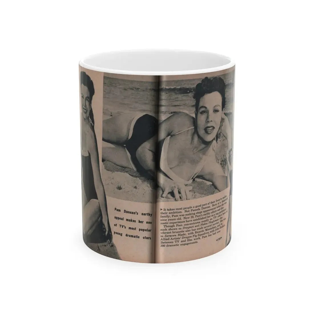 Pamela Duncan #25 - PHOTO Digest Mag. March '55 - 3 B&W Photos & Article (Vintage Female Icon) White Coffee Mug 11oz - Go Mug Yourself