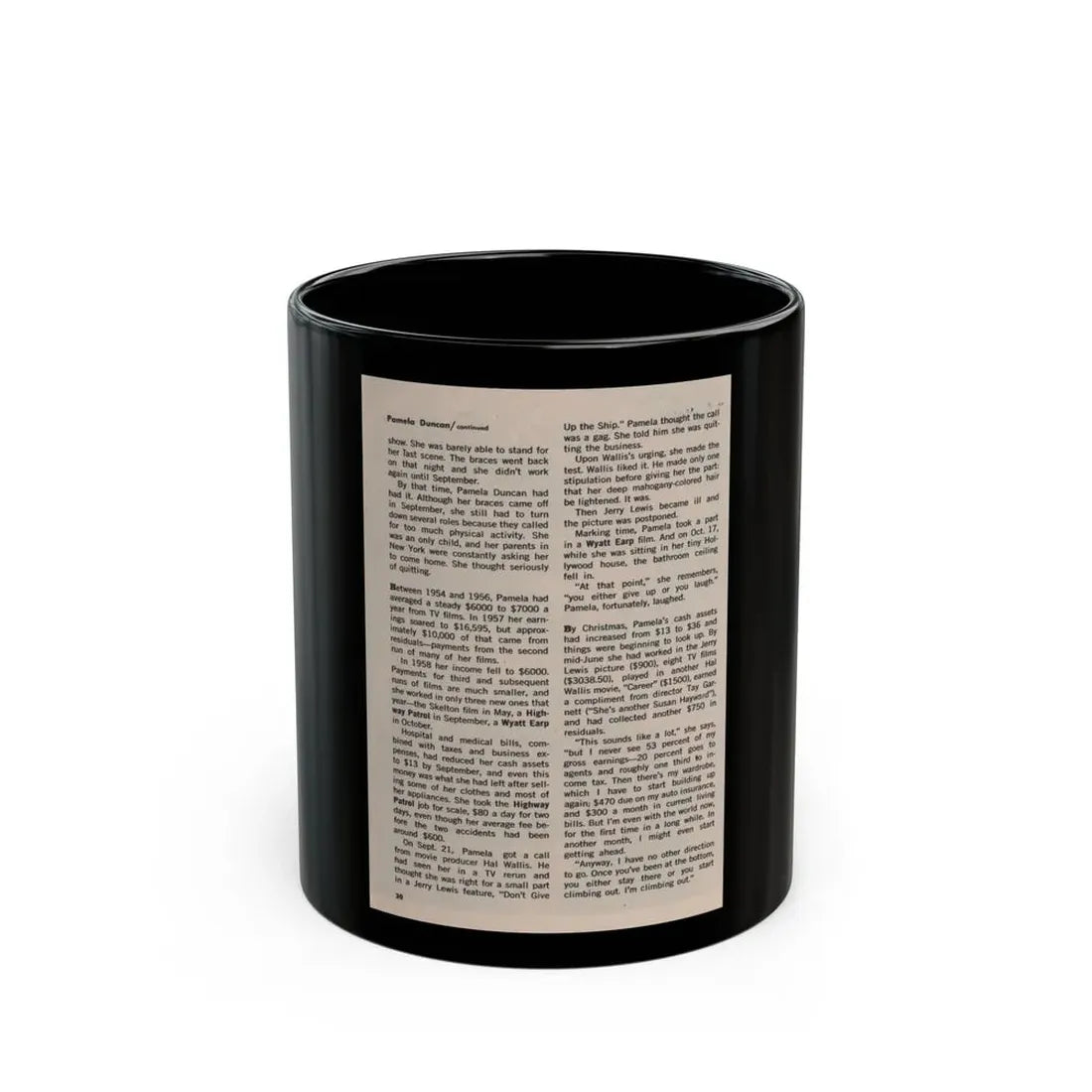Pamela Duncan #38 - 5x7 Artricle continued no photo (Vintage Female Icon) Black Coffee Mug 11oz - Go Mug Yourself
