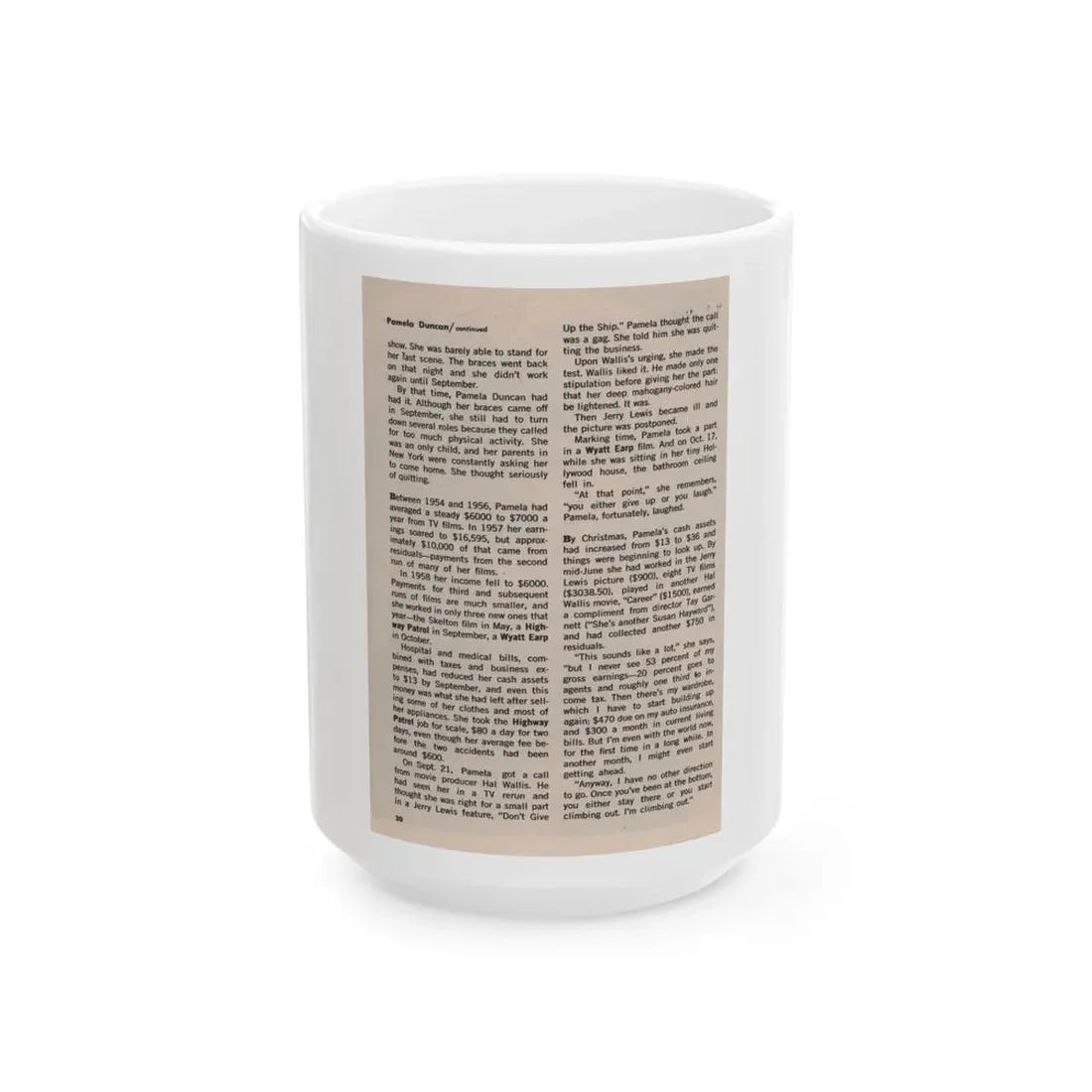 Pamela Duncan #38 - 5x7 Artricle continued no photo (Vintage Female Icon) White Coffee Mug 15oz - Go Mug Yourself