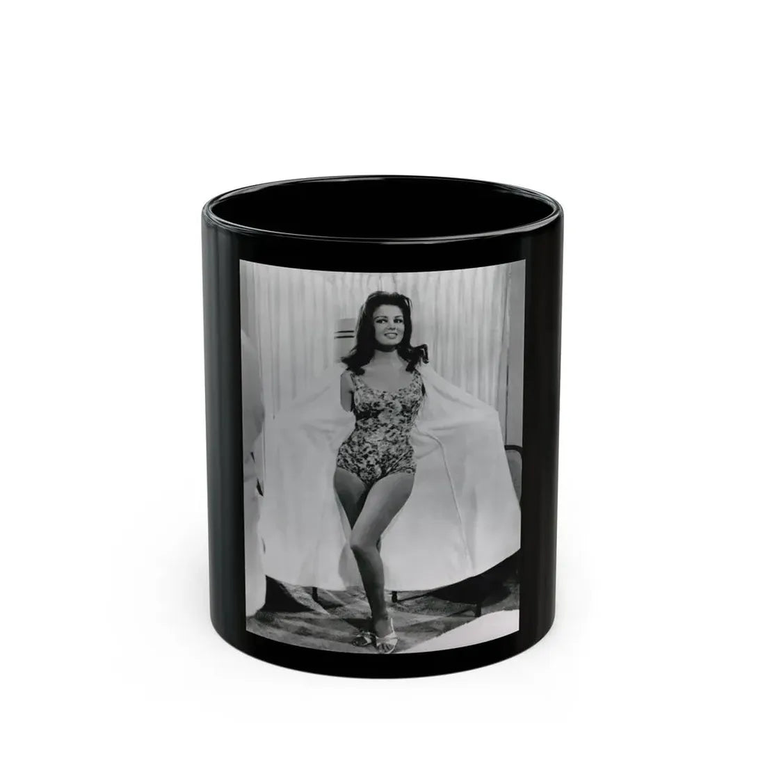 Pamela Tiffin #55 - 8x10 B&W Full Body 1 Piece Swimsuit Cheesecake Photo Hi-Res Re-Print (Vintage Female Icon) Black Coffee Mug 11oz - Go Mug Yourself