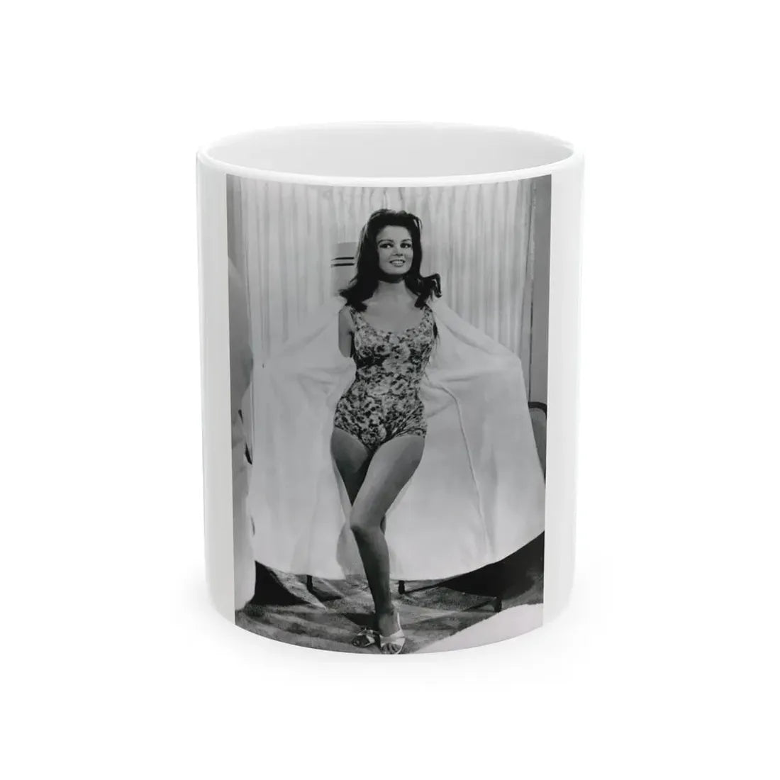 Pamela Tiffin #55 - 8x10 B&W Full Body 1 Piece Swimsuit Cheesecake Photo Hi-Res Re-Print (Vintage Female Icon) White Coffee Mug 11oz - Go Mug Yourself