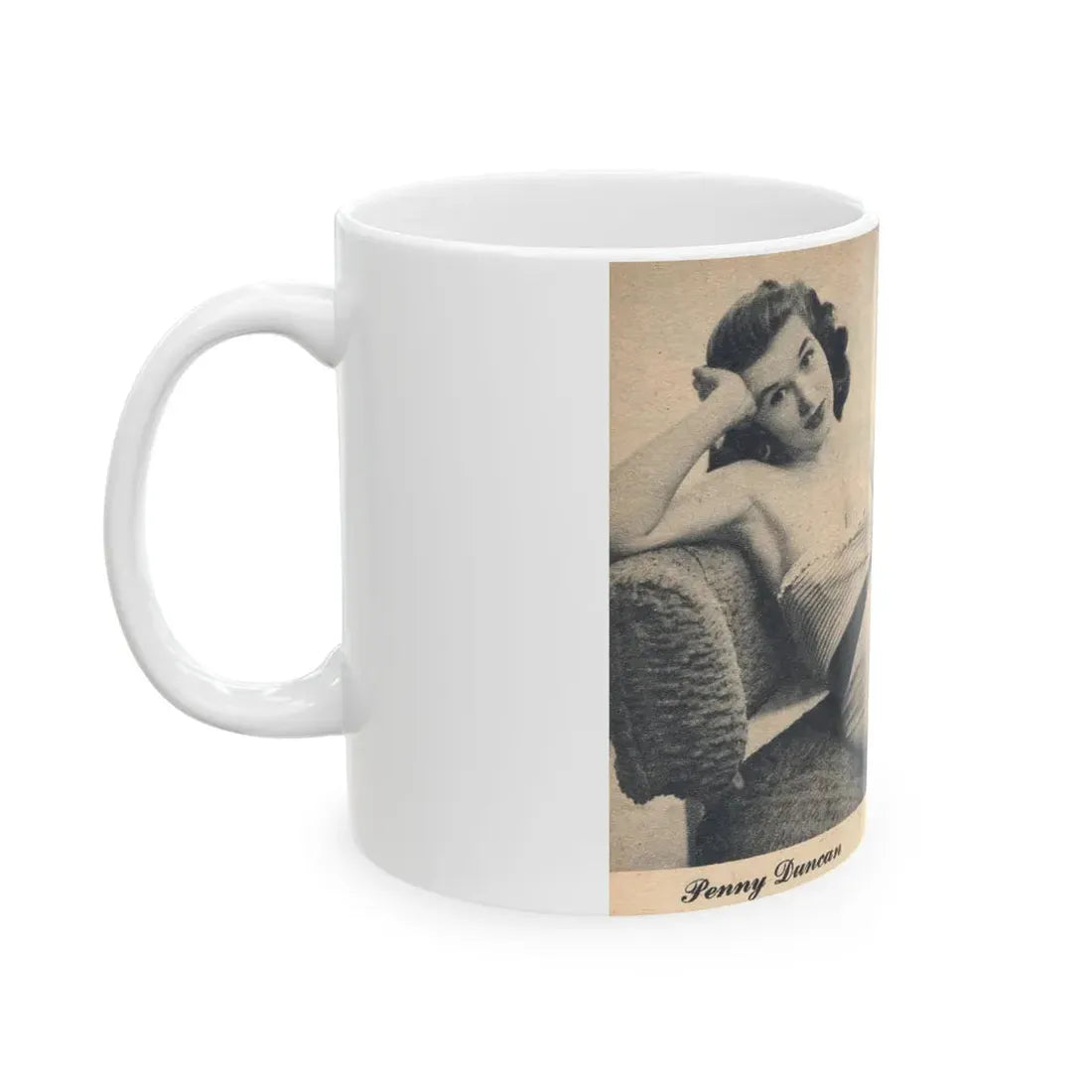 Penny Duncan #69 - 1 Page & 1 B&W Photo of Penny from EYE Digest Mag. Nov. '54 Featuring 25 of America's Sexiest Pin-Ups Section (Vintage Female Icon) White Coffee Mug - Go Mug Yourself