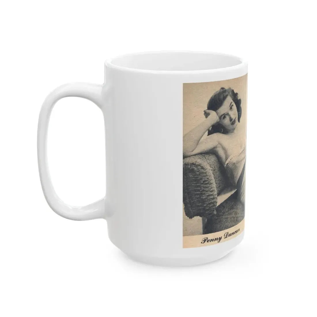 Penny Duncan #69 - 1 Page & 1 B&W Photo of Penny from EYE Digest Mag. Nov. '54 Featuring 25 of America's Sexiest Pin-Ups Section (Vintage Female Icon) White Coffee Mug - Go Mug Yourself