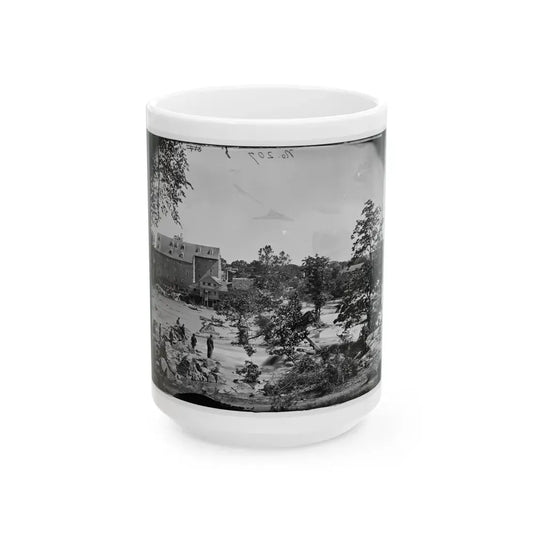 Petersburg, Va., Vicinity. Johnson's Mill On The Appomattox Near Campbell's Bridge; Soldiers Standing On Rocks In The Stream (U.S. Civil War) White Coffee Mug 15oz - Go Mug Yourself